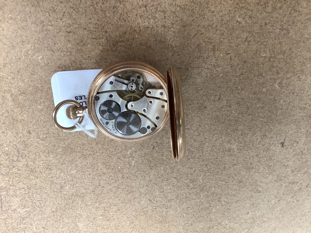 A 1920's 9ct gold open face keyless pocket watch